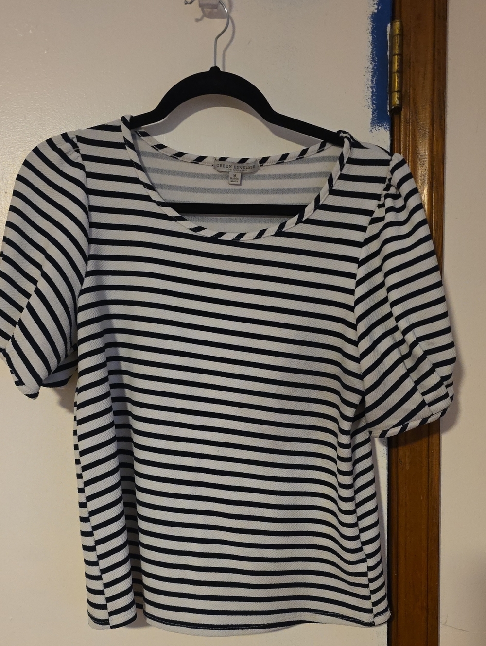Green Envelope Black & White Striped Puff Sleeve Tee